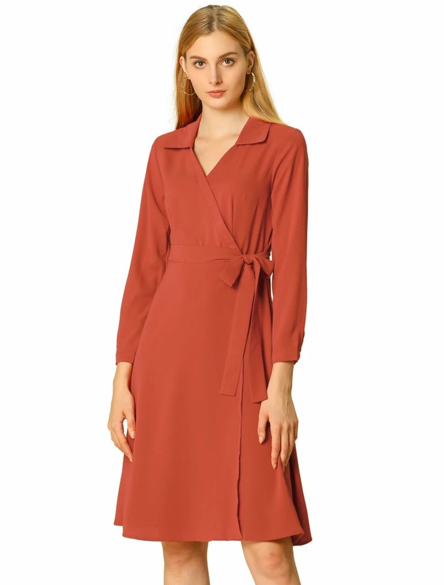 Orange Red V-Neck Wrap Dress with Lapel Collar and Belt for Women