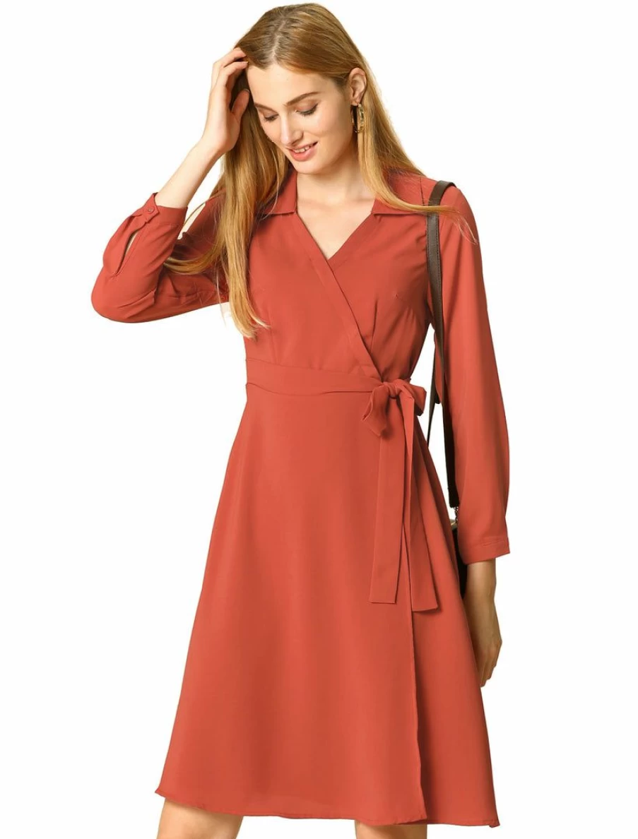 Orange Red V-Neck Wrap Dress with Lapel Collar and Belt for Women
