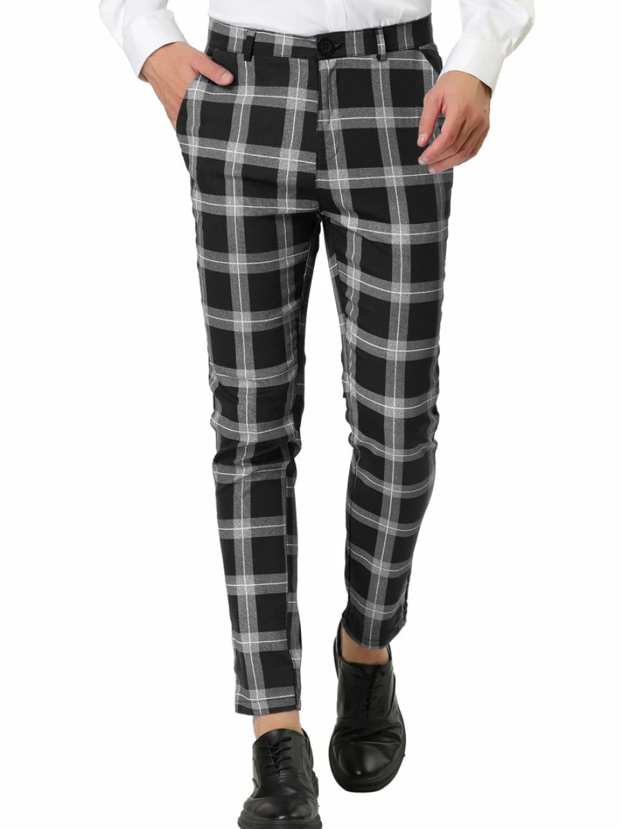 Men's Slim Fit Plaid Chino Pants for Business Casual Dress Trousers