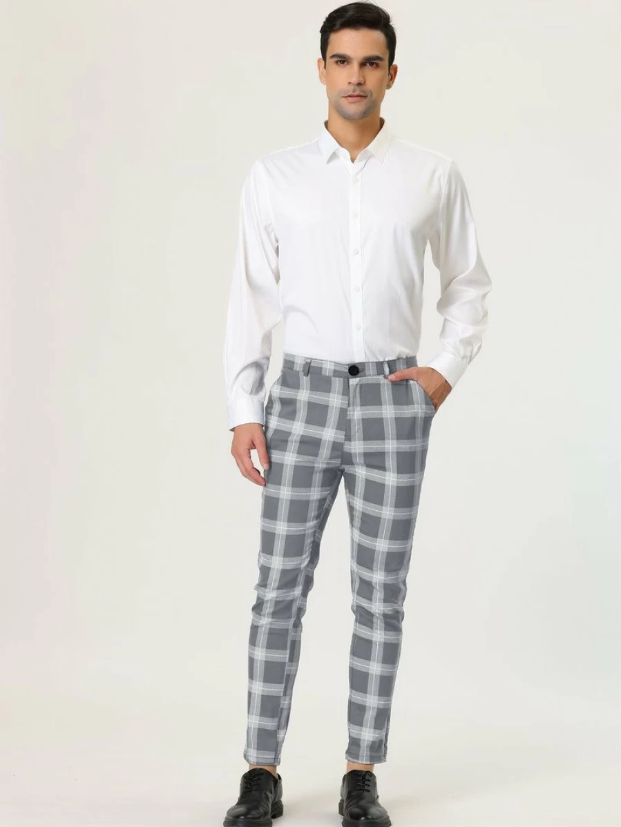 Men's Slim Fit Plaid Chino Pants for Business Casual Dress Trousers