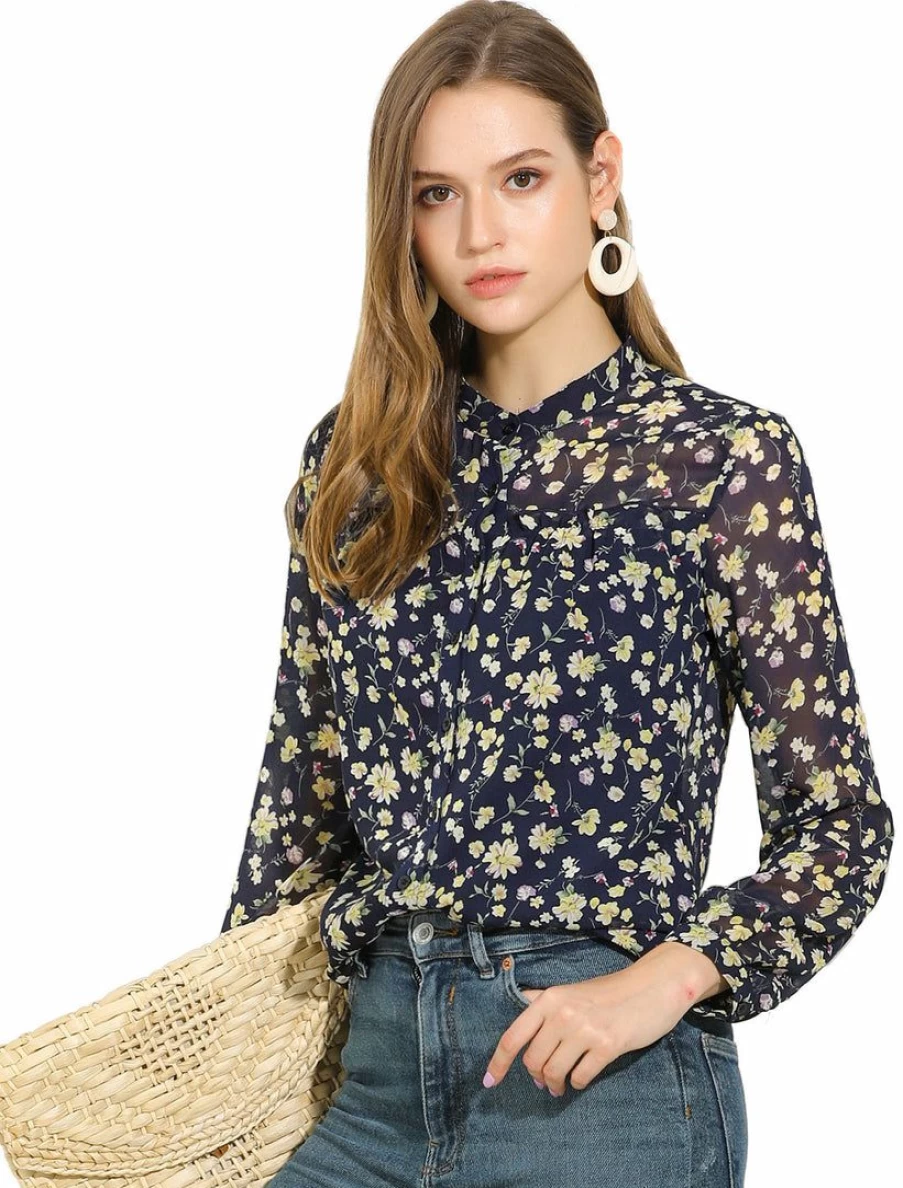 Navy Blue Floral Print Chiffon Blouse for Women - Long Sleeve Ruffle Casual Button Down Shirt