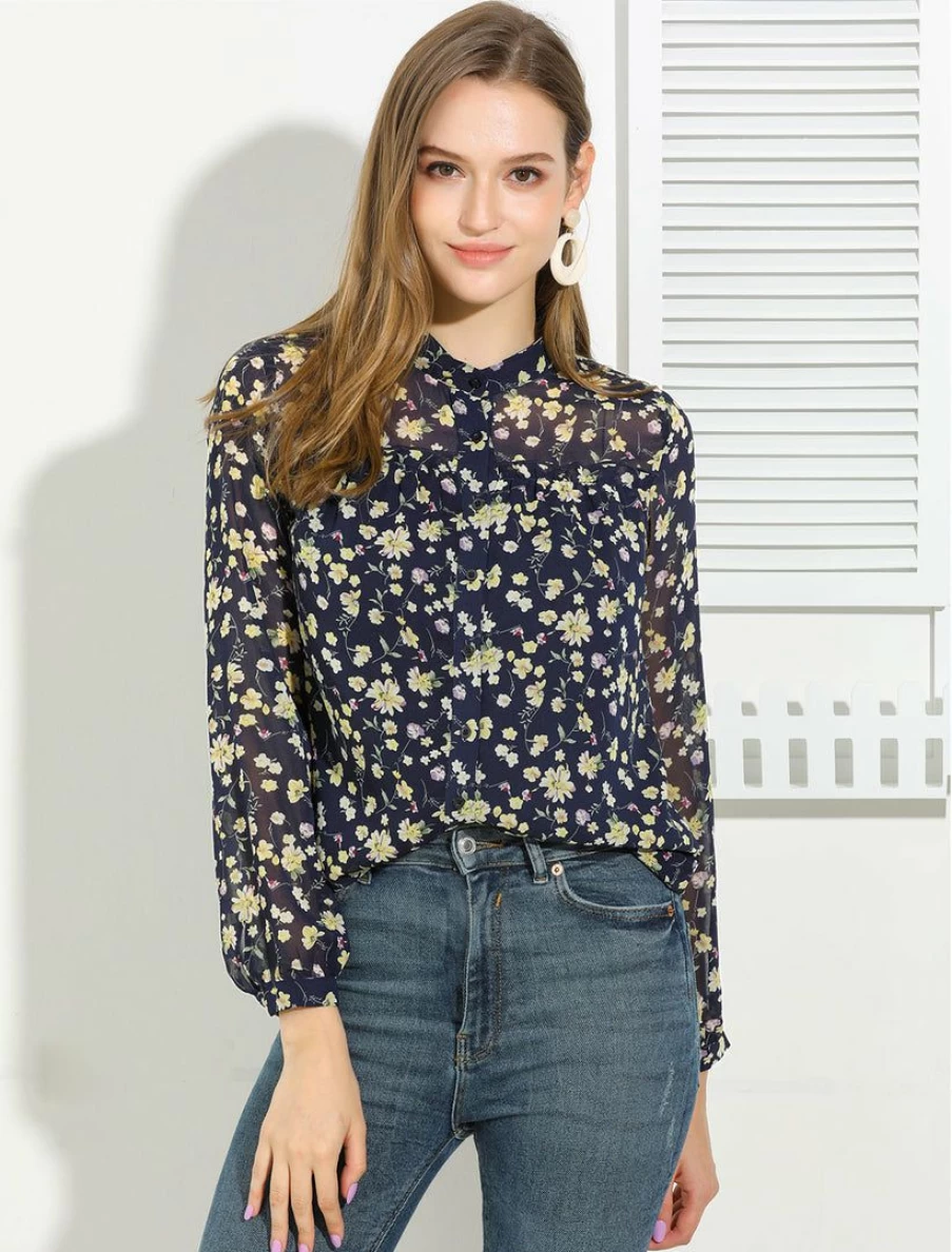 Navy Blue Floral Print Chiffon Blouse for Women - Long Sleeve Ruffle Casual Button Down Shirt