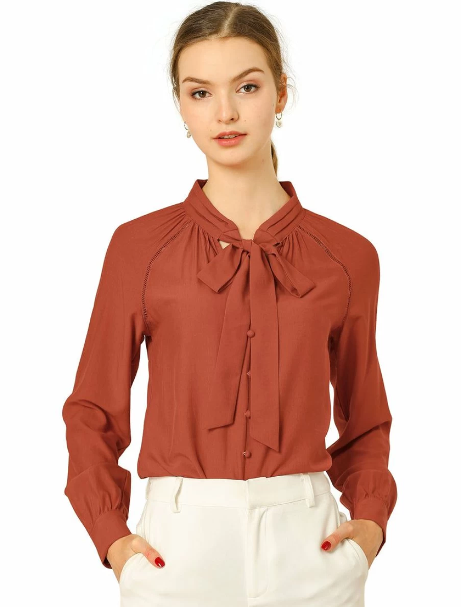 Women's Casual Long Sleeve Shirt with Bow Tie Neck and Button Decor