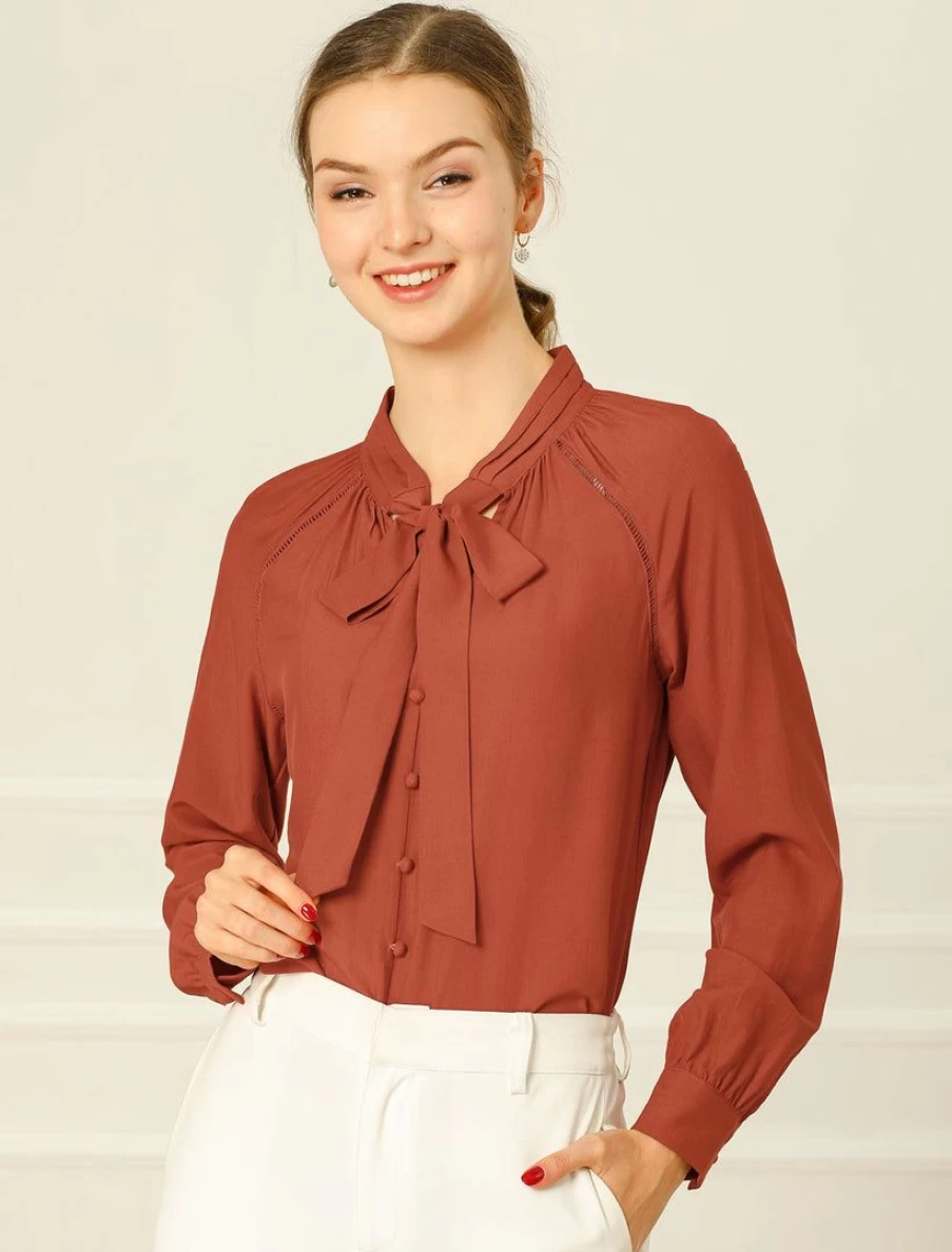 Women's Casual Long Sleeve Shirt with Bow Tie Neck and Button Decor
