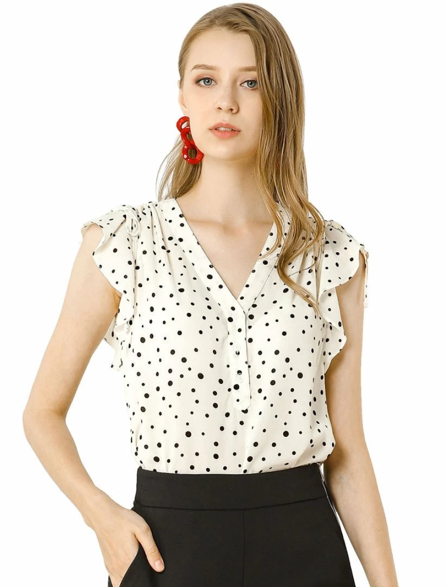 Women's Flutter Sleeve Chiffon Blouse with Ruffle Detail and V-Neck Dot Print Top