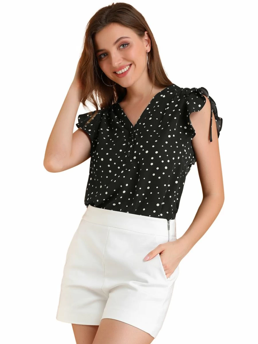 Women's Flutter Sleeve Chiffon Blouse with Ruffle Detail and V-Neck Dot Print Top