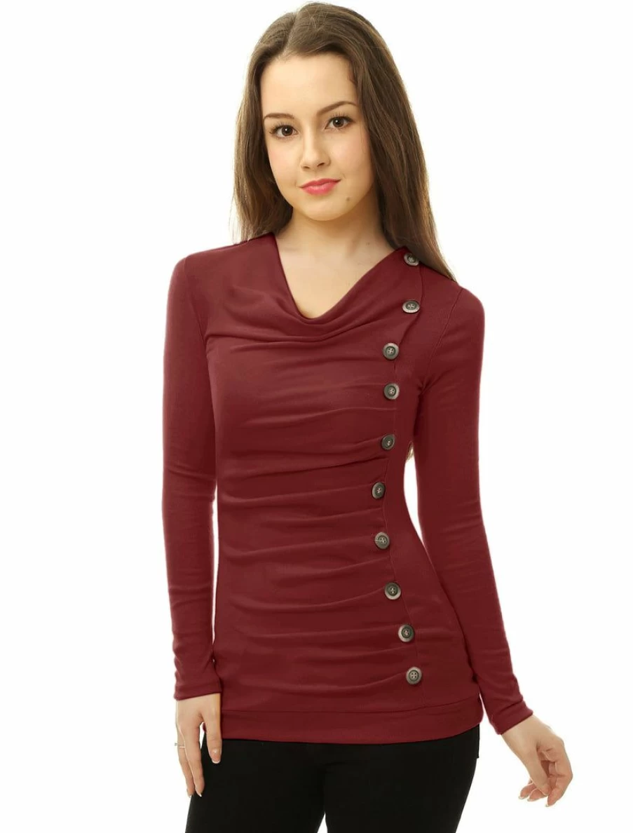 Women's Cowl Neck Long Sleeve Ruched Blouse with Button Details - Elegant Tops for Fall