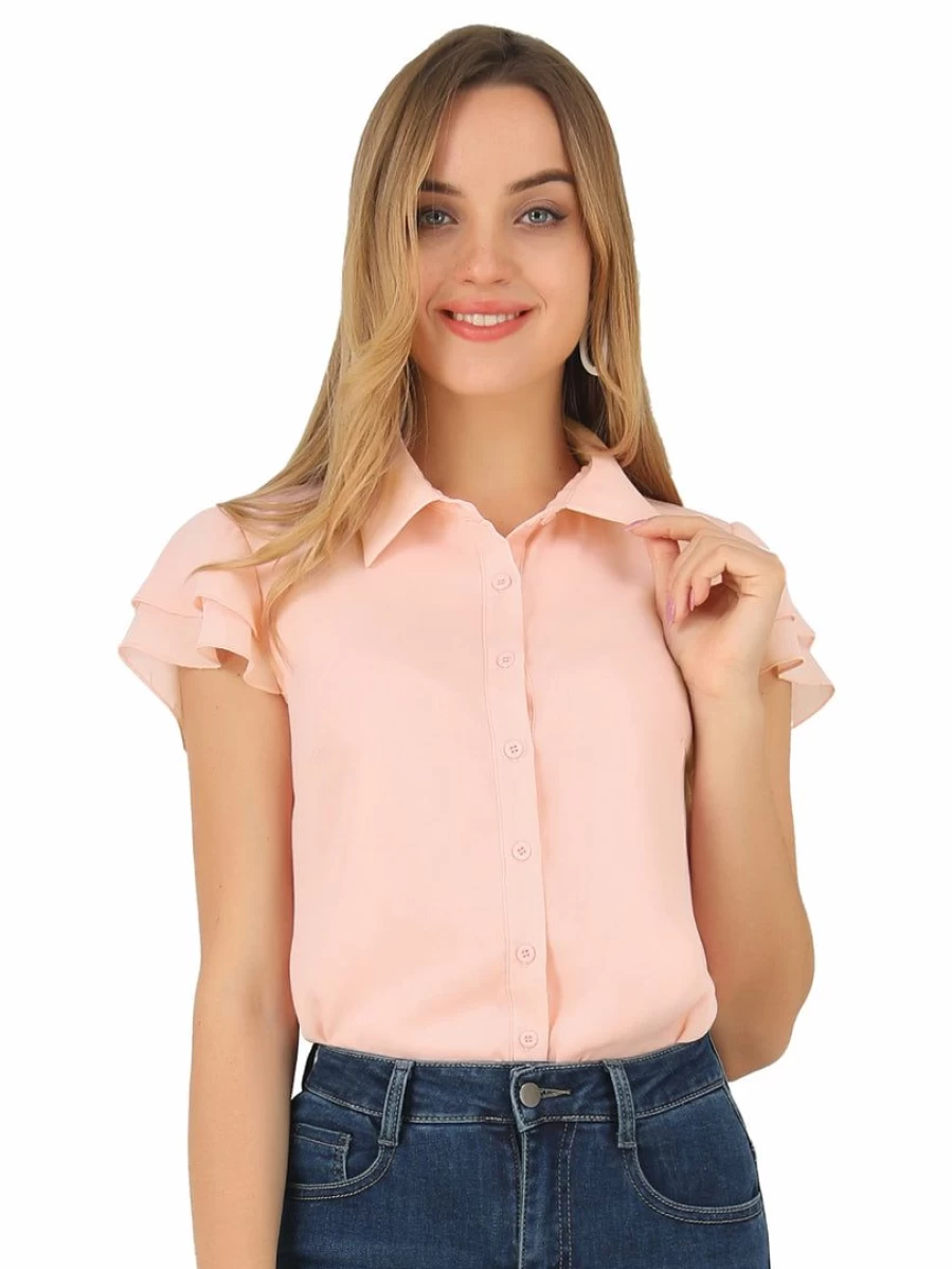 Pink Chiffon Blouse for Women - Turn Down Collar Short Sleeve Button Up Shirt
