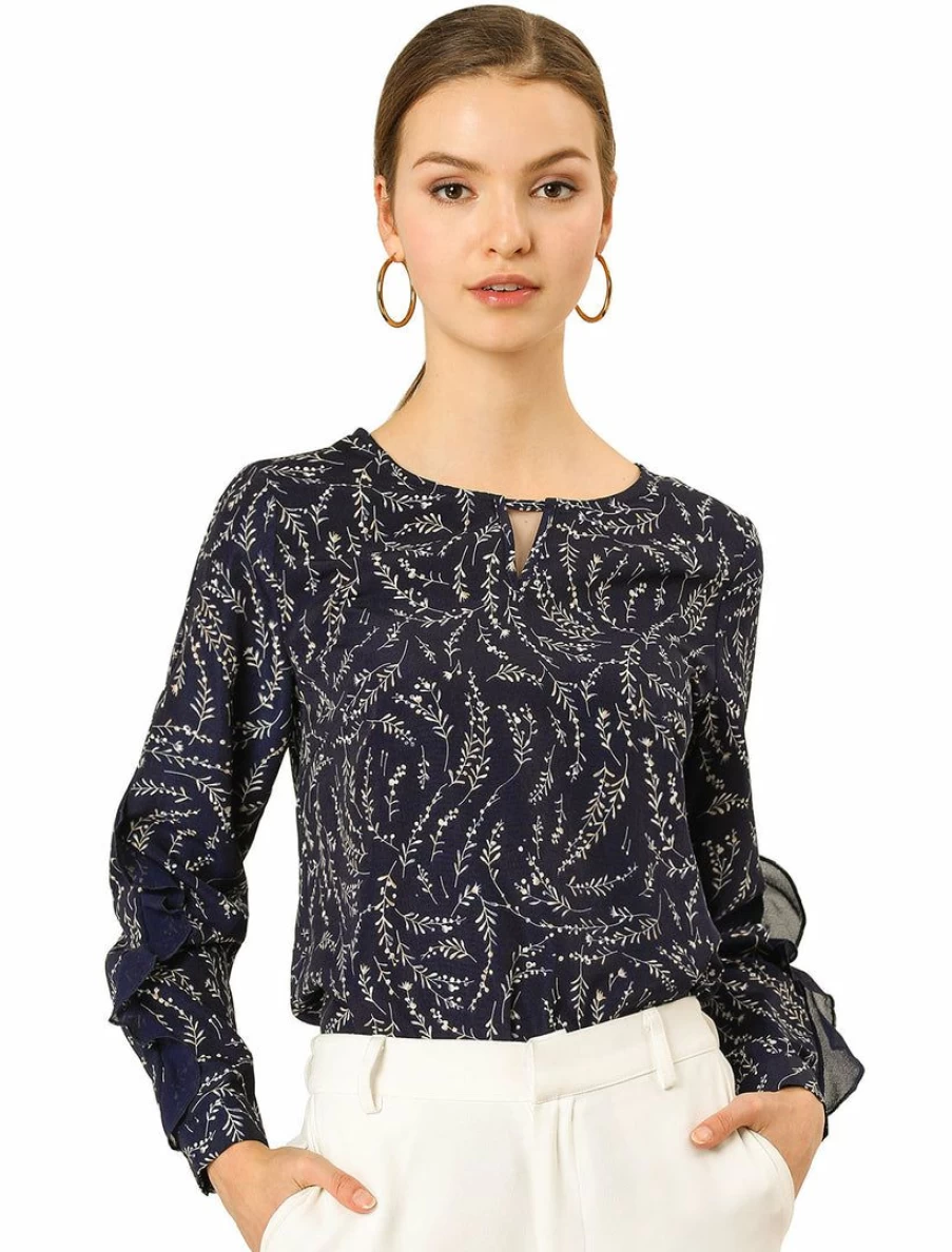 Vintage Floral Blouse for Women with Ruffle Trim Long Sleeves and Keyhole Neck