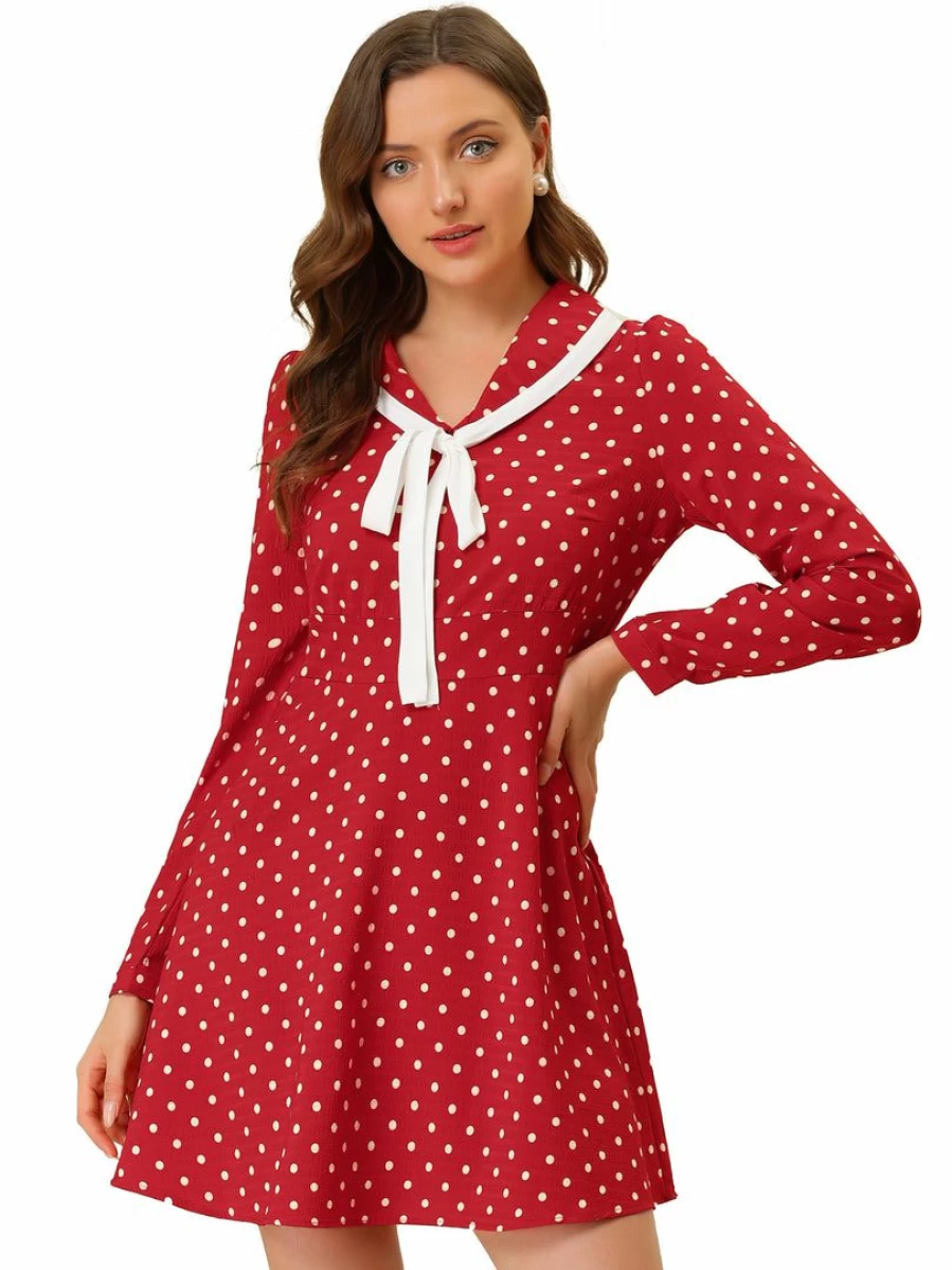 Red Polka Dot Chiffon Mini Dress with Peter Pan Collar & Ribbon Tie Detail - Women's Elegant Long Sleeve Party Dress