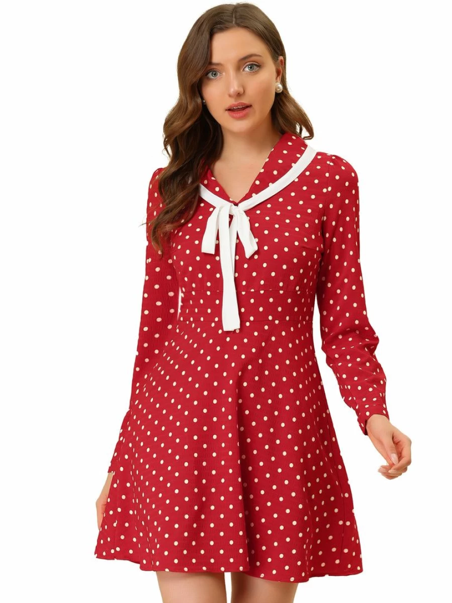 Red Polka Dot Chiffon Mini Dress with Peter Pan Collar & Ribbon Tie Detail - Women's Elegant Long Sleeve Party Dress
