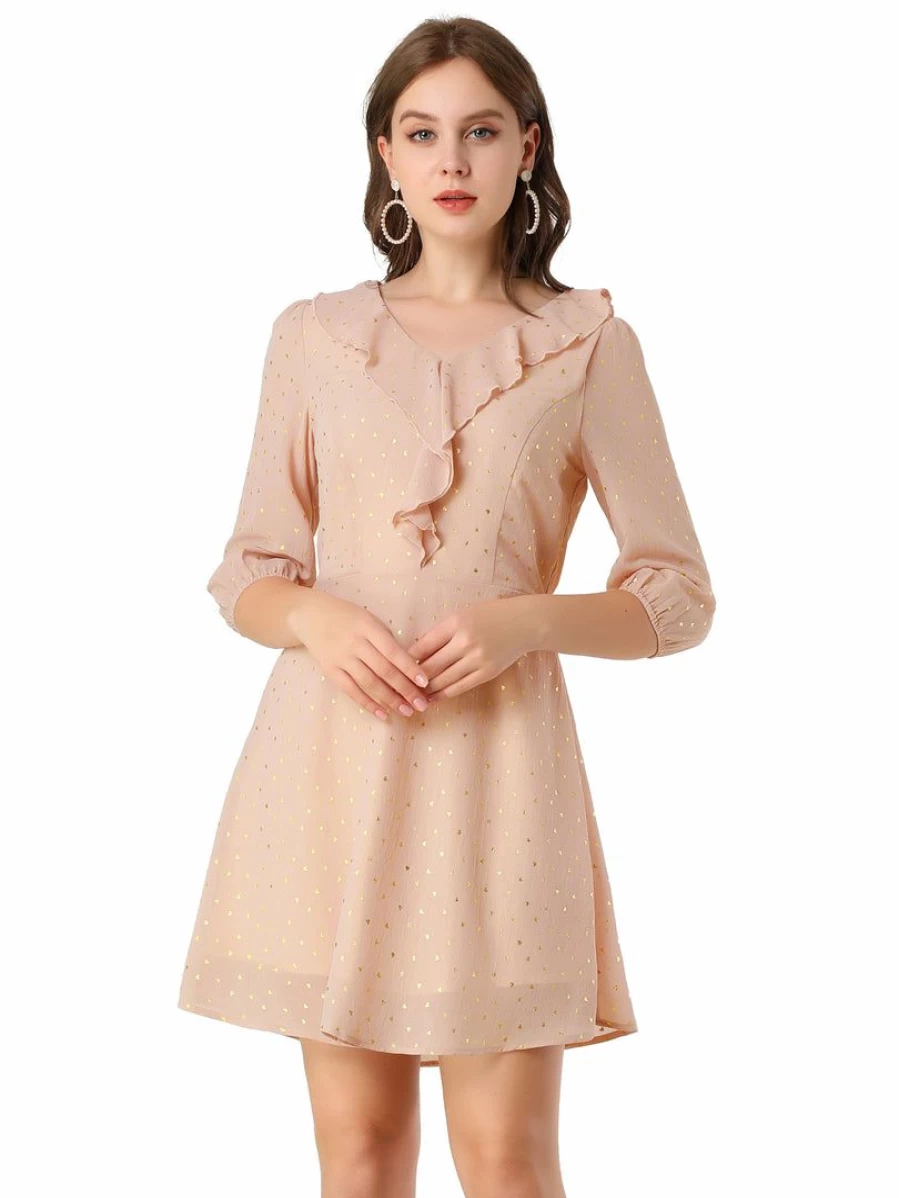 Pink Ruffle Neck V-Neck Puff Sleeve Dress for Women - Elegant Flowy Party Wear