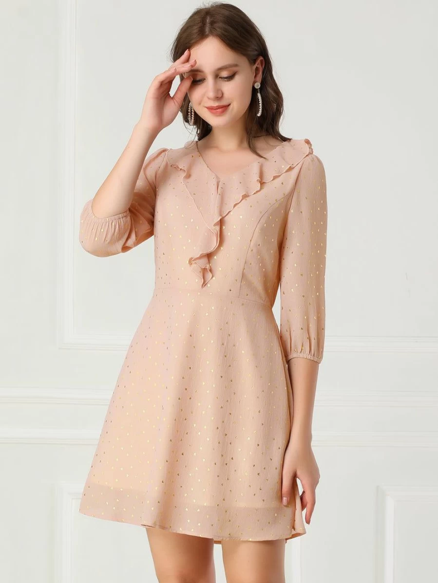Pink Ruffle Neck V-Neck Puff Sleeve Dress for Women - Elegant Flowy Party Wear
