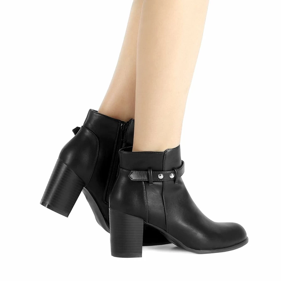 Women's Block Heel Ankle Booties Strappy Round Toe High Heel Shoes