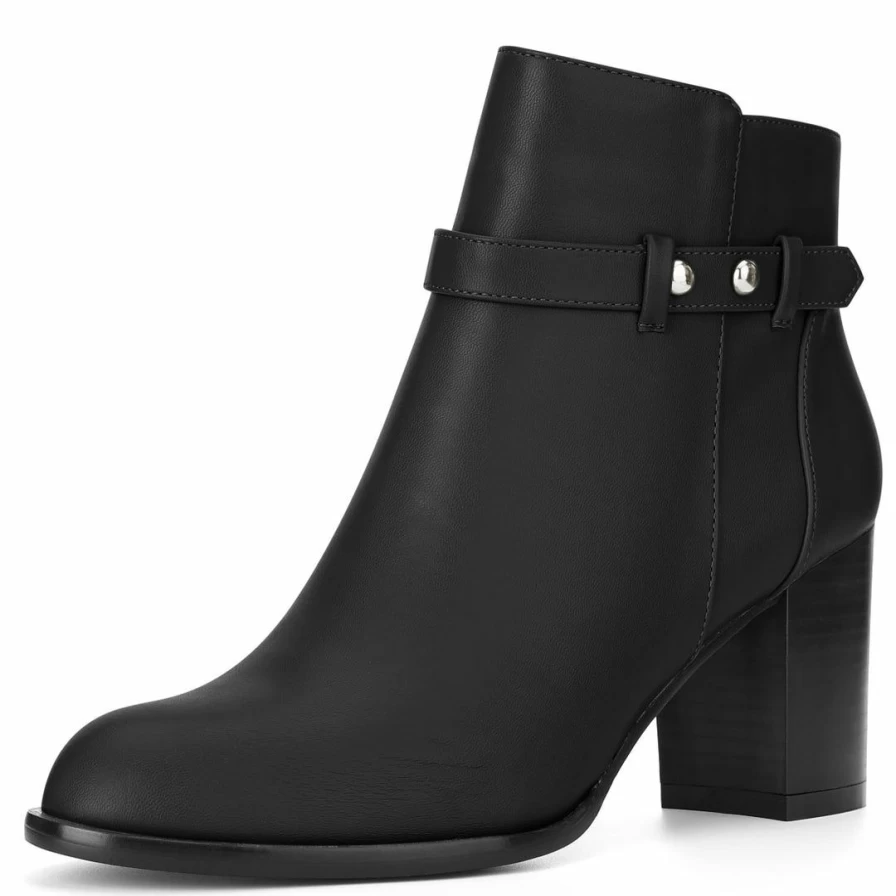 Women's Block Heel Ankle Booties Strappy Round Toe High Heel Shoes