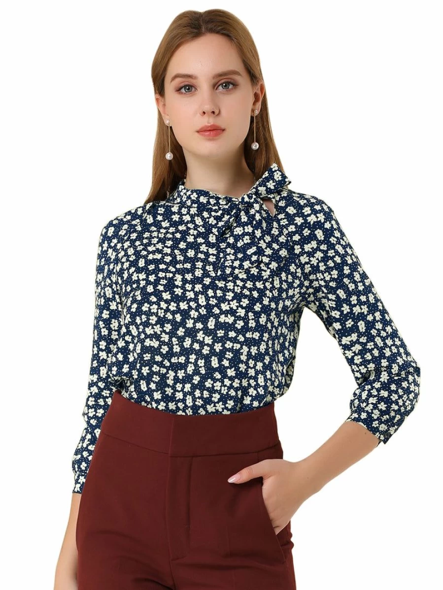 Dark Blue Women's Floral Blouse with Tie Neck Long Sleeve by Allegra K