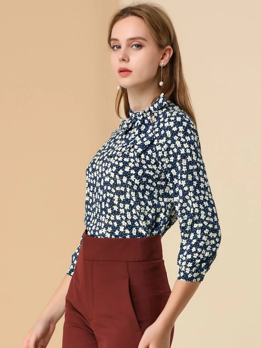 Dark Blue Women's Floral Blouse with Tie Neck Long Sleeve by Allegra K