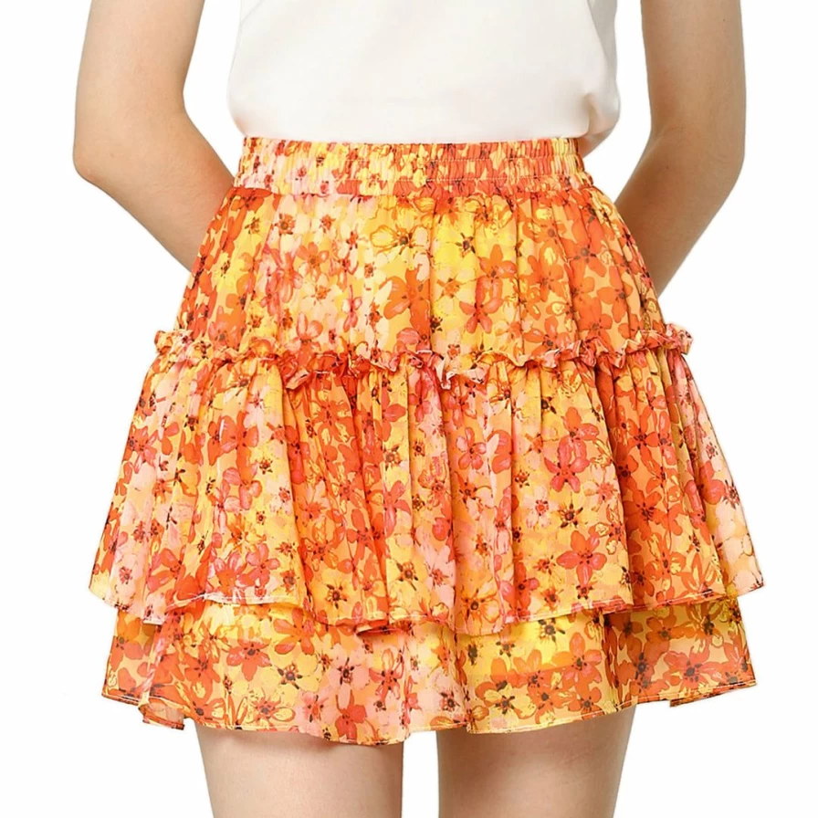 Women's Floral Print High Waist A-Line Mini Skirt with Elastic Waist and Ruffle Detail