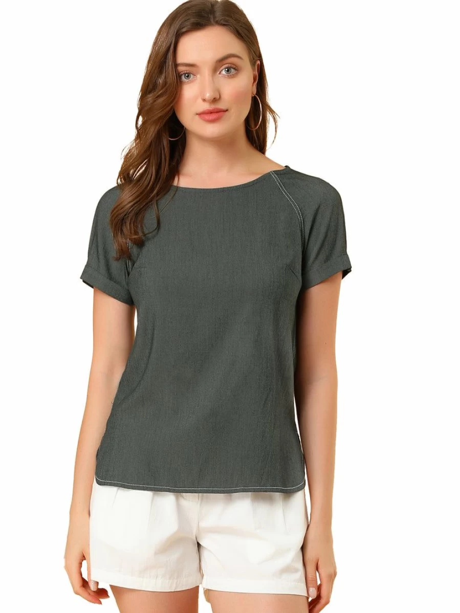 Allegra K Women's Casual Short Sleeve Chambray Top with Round Neck and Raglan Sleeves