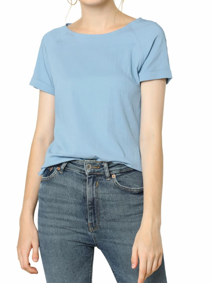 Allegra K Women's Casual Short Sleeve Chambray Top with Round Neck and Raglan Sleeves