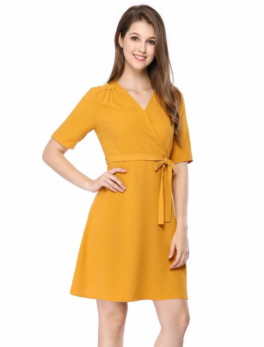 Yellow V-Neck A-Line Mini Dress with Belt - Short Sleeve Summer Casual Dress