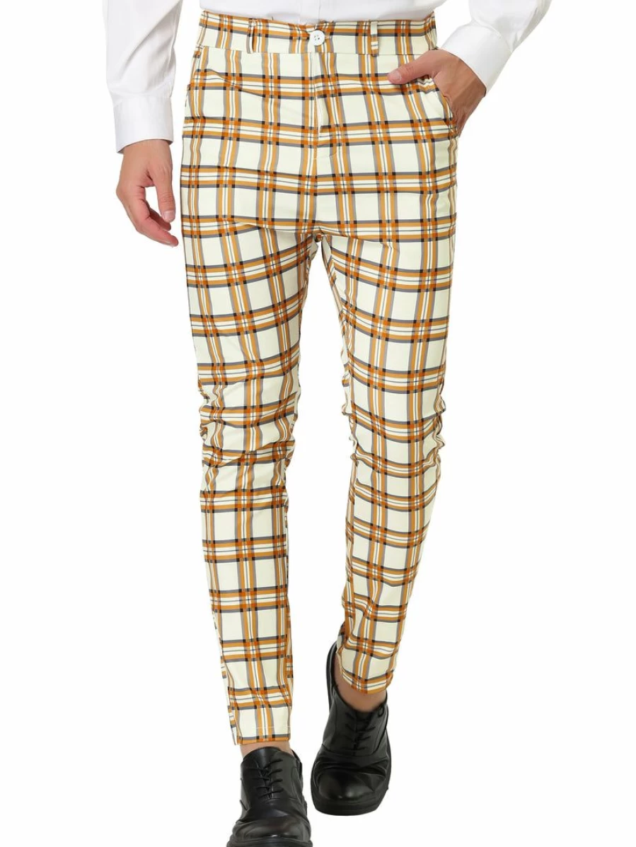 Men's Slim Fit Color Block Plaid Dress Pants Formal Trousers Flat Front Design