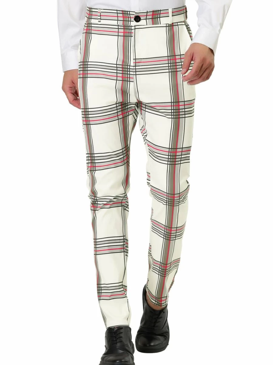 Men's Slim Fit Color Block Plaid Dress Pants Formal Trousers Flat Front Design