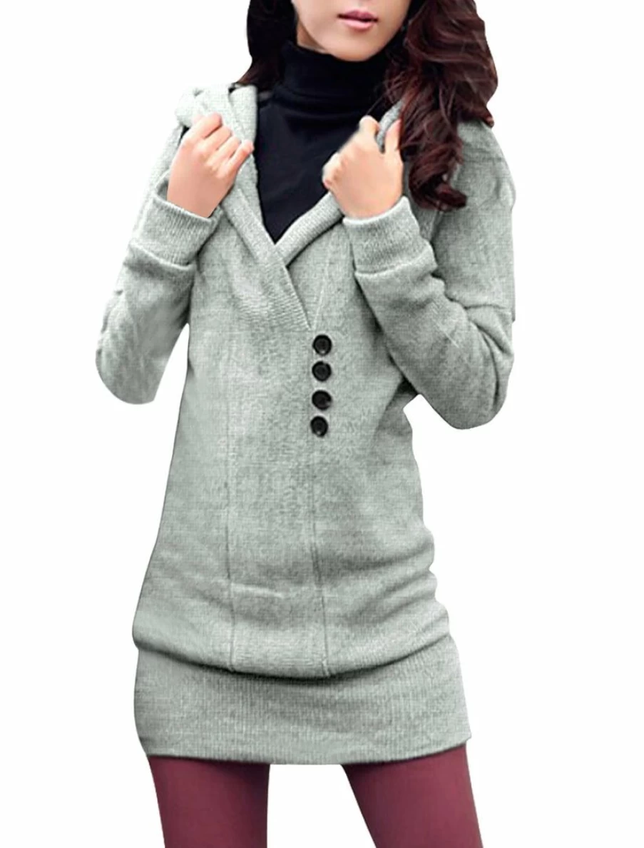 "Stylish Shawl Collar Hooded Tunic Sweater with Button Decor - Elegant Casual Wear"