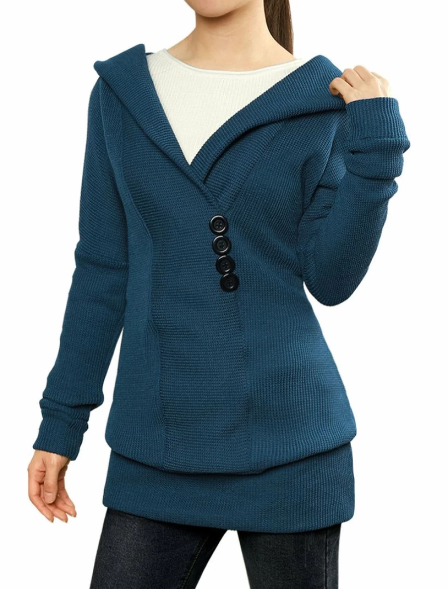 "Stylish Shawl Collar Hooded Tunic Sweater with Button Decor - Elegant Casual Wear"