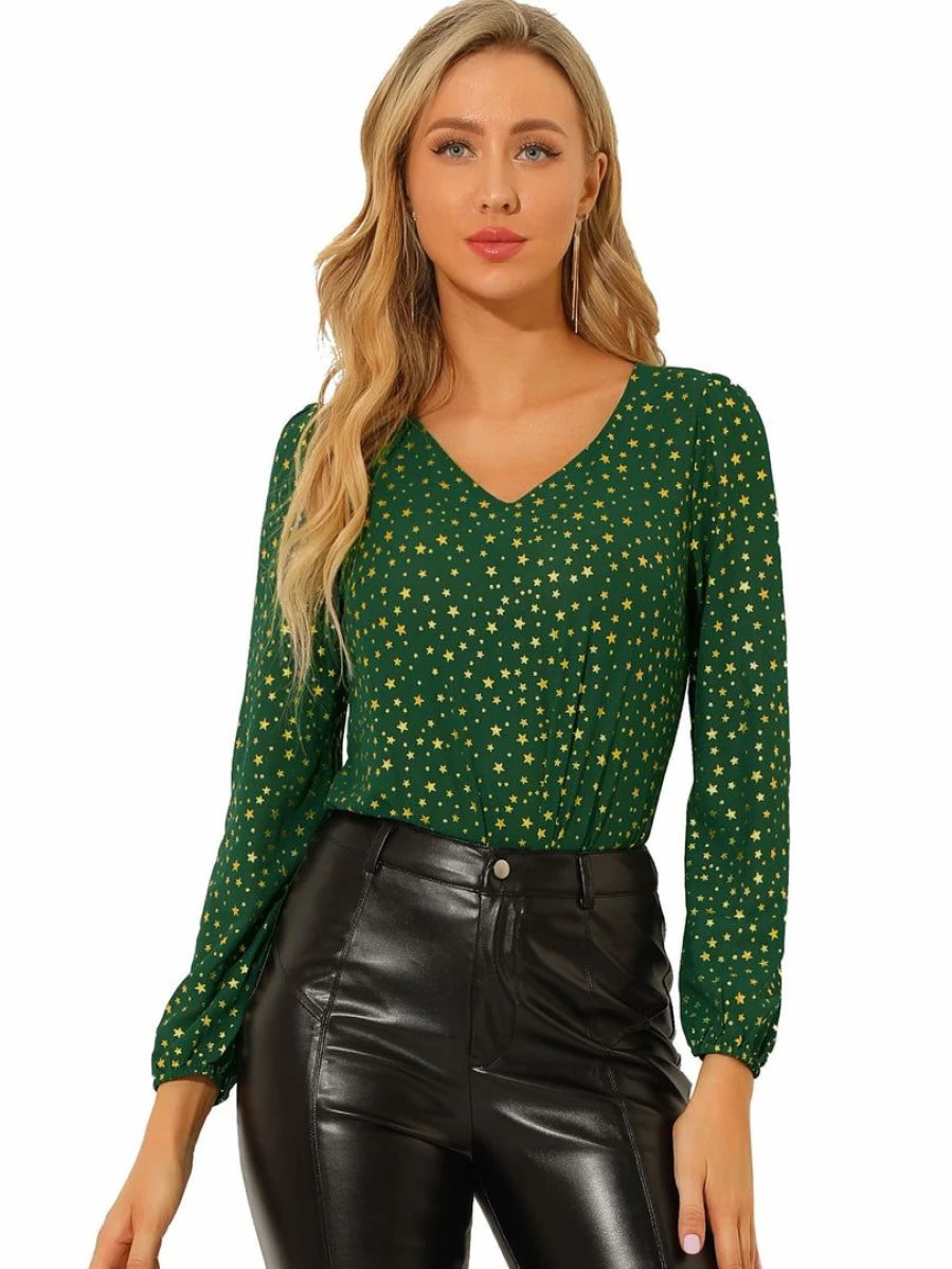 Allegra K Women's Dark Green V-Neck Long Sleeve Chiffon Blouse with Metallic Star Detail