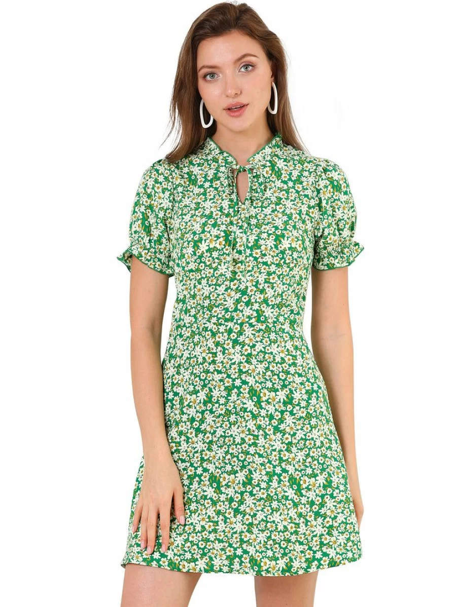 Vintage Floral Mini Dress with Puff Sleeves and Ruffled Hem for Women