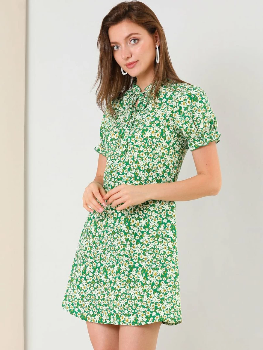 Vintage Floral Mini Dress with Puff Sleeves and Ruffled Hem for Women