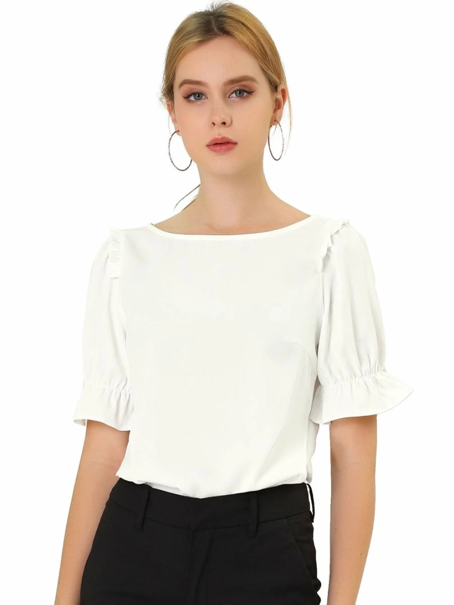 Allegra K Women's White Ruffle Blouse with Puff Sleeves and Round Neck
