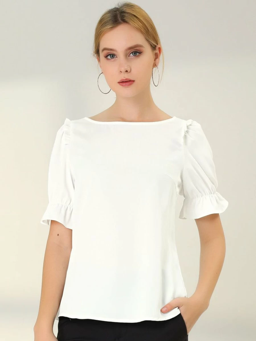 Allegra K Women's White Ruffle Blouse with Puff Sleeves and Round Neck