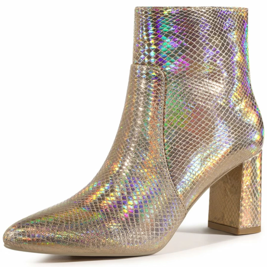 Women's Chunky Heel Ankle Boots Pointed Toe Snake Print Fashion Boots