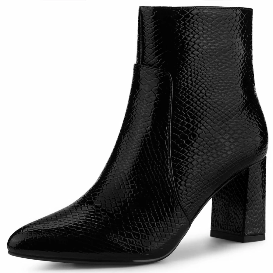 Women's Chunky Heel Ankle Boots Pointed Toe Snake Print Fashion Boots