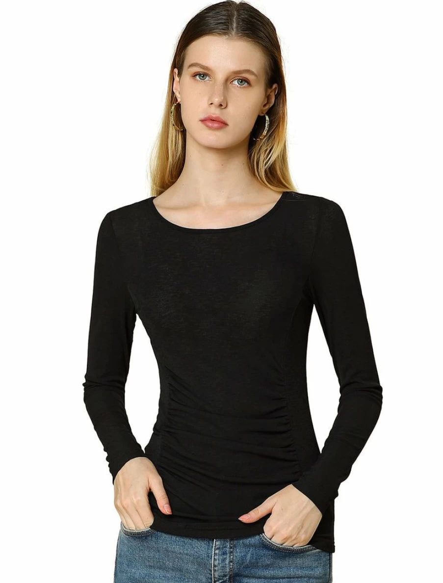 Women's Stretchy Ruched Blouse - Slim Fit Crew Neck Basic Top for Everyday Wear