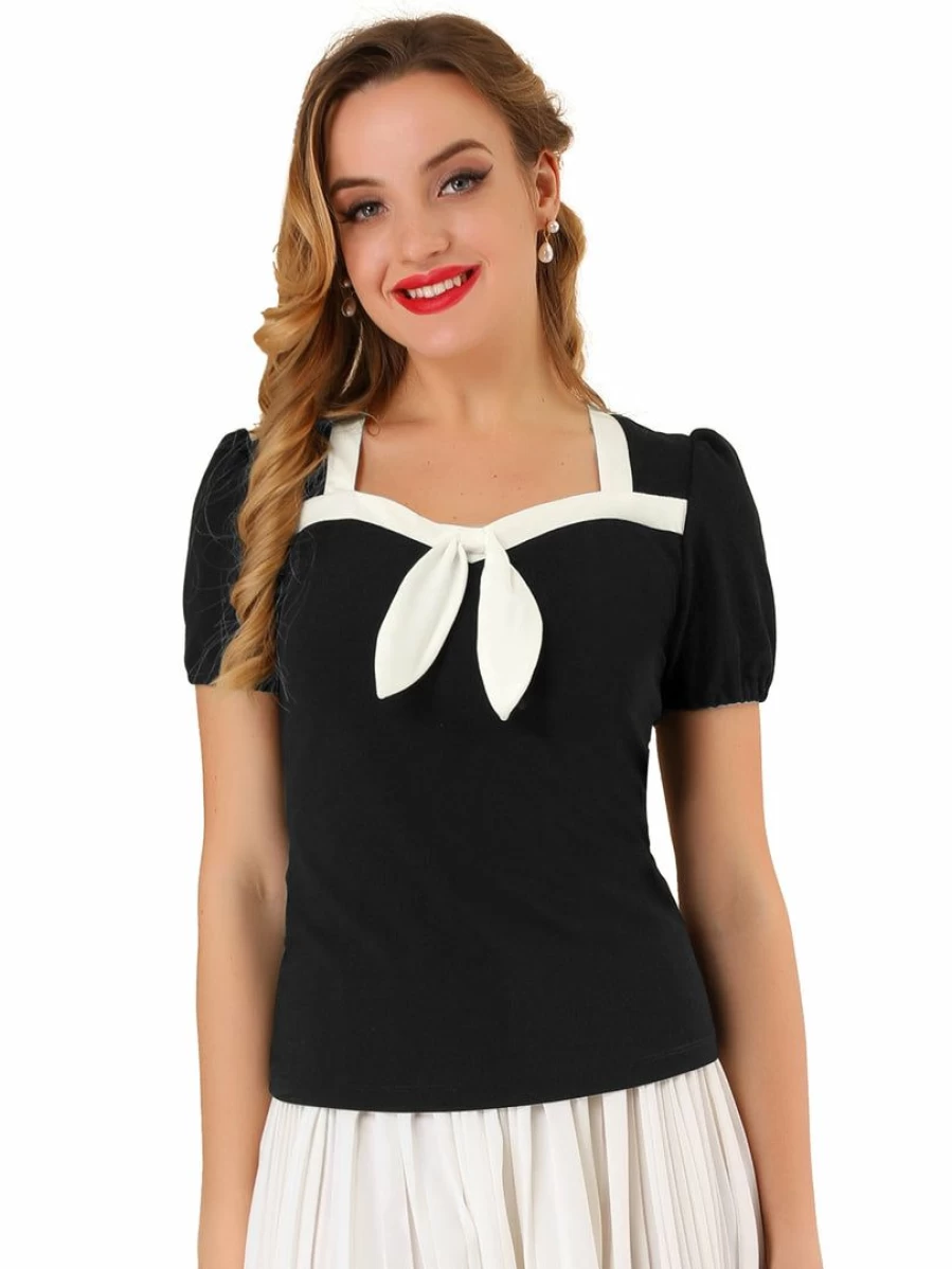 Black Retro Sweetheart Neck Contrast Bow Tie Short Sleeve Blouse for Women