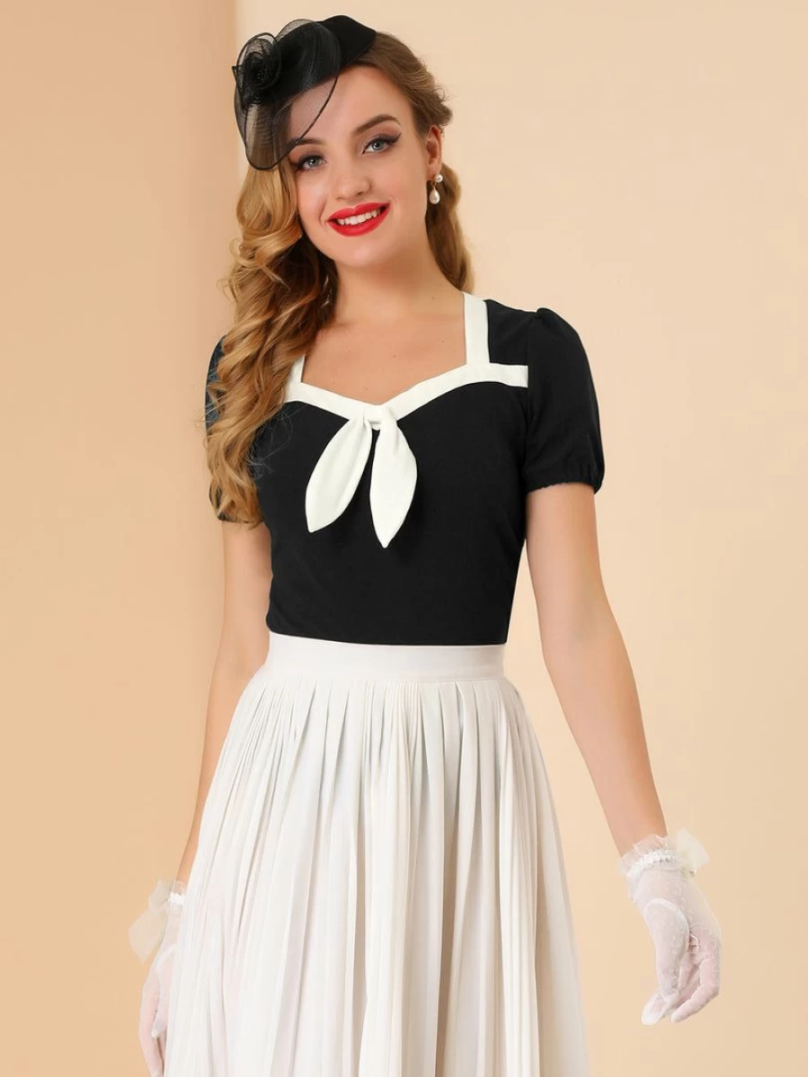 Black Retro Sweetheart Neck Contrast Bow Tie Short Sleeve Blouse for Women