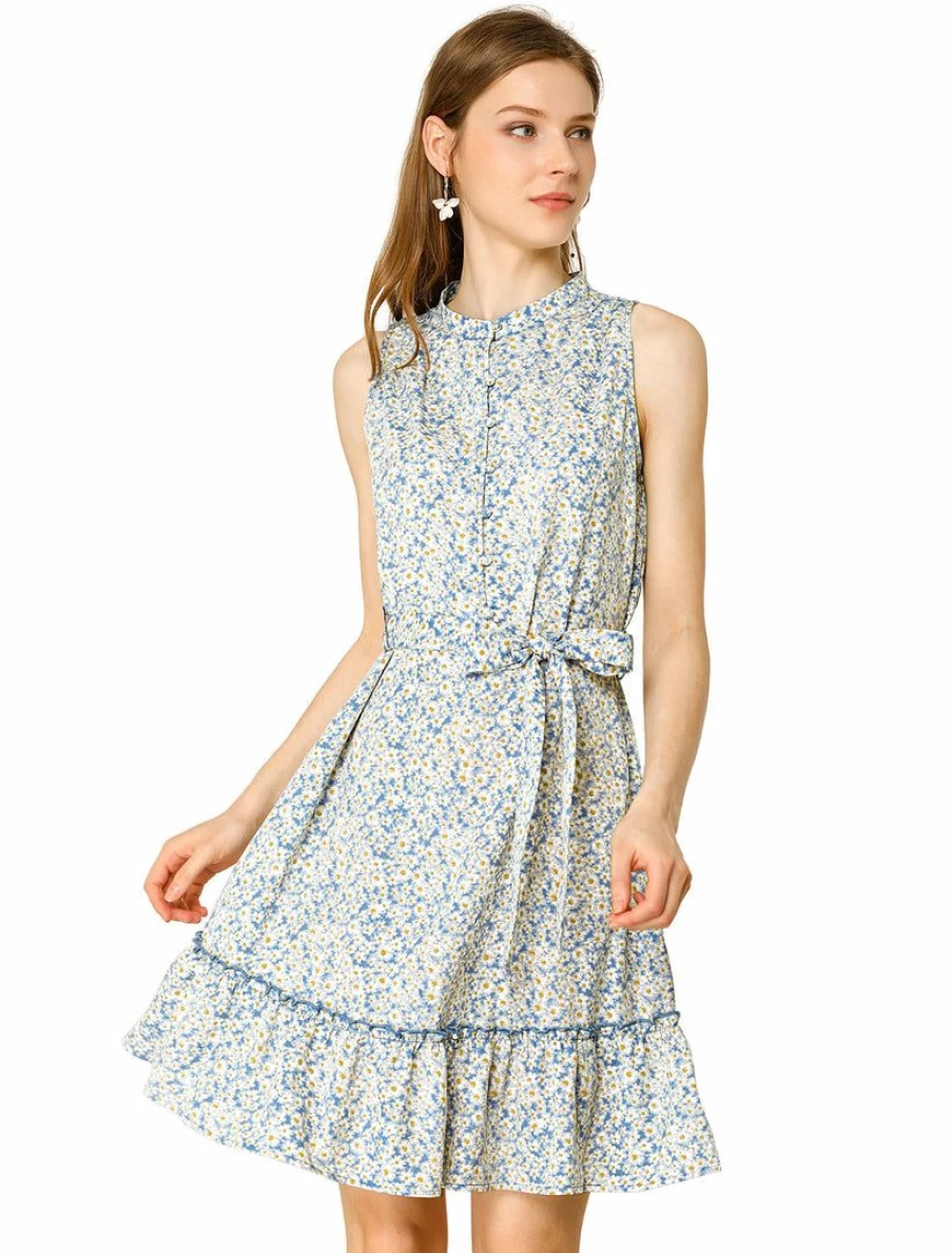 Women's Floral Daisy Print A-Line Sleeveless Dress with Ruffle Hem and Half Placket