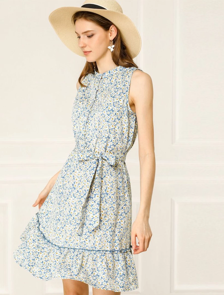 Women's Floral Daisy Print A-Line Sleeveless Dress with Ruffle Hem and Half Placket