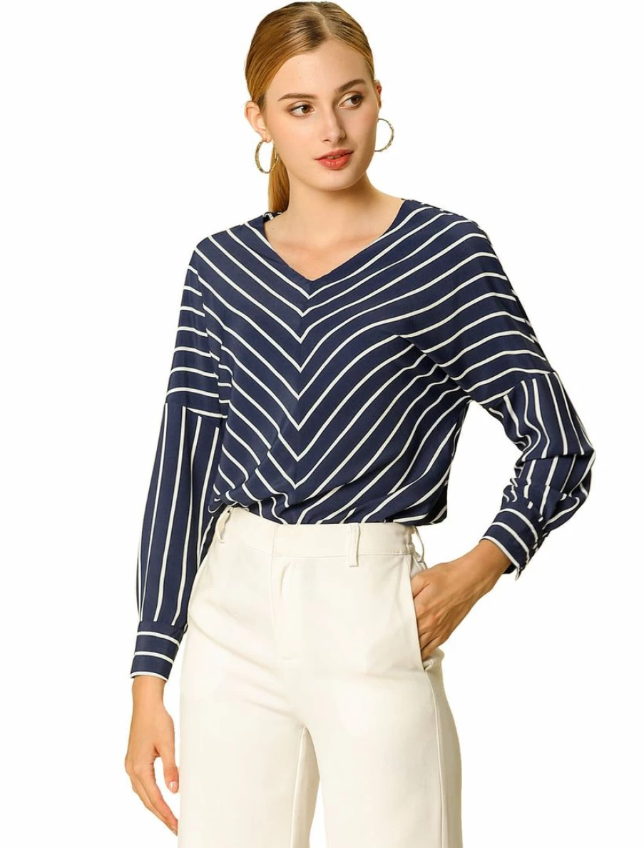 Navy Blue Striped Chiffon Blouse for Women with V Neck and 3/4 Sleeve Casual Style