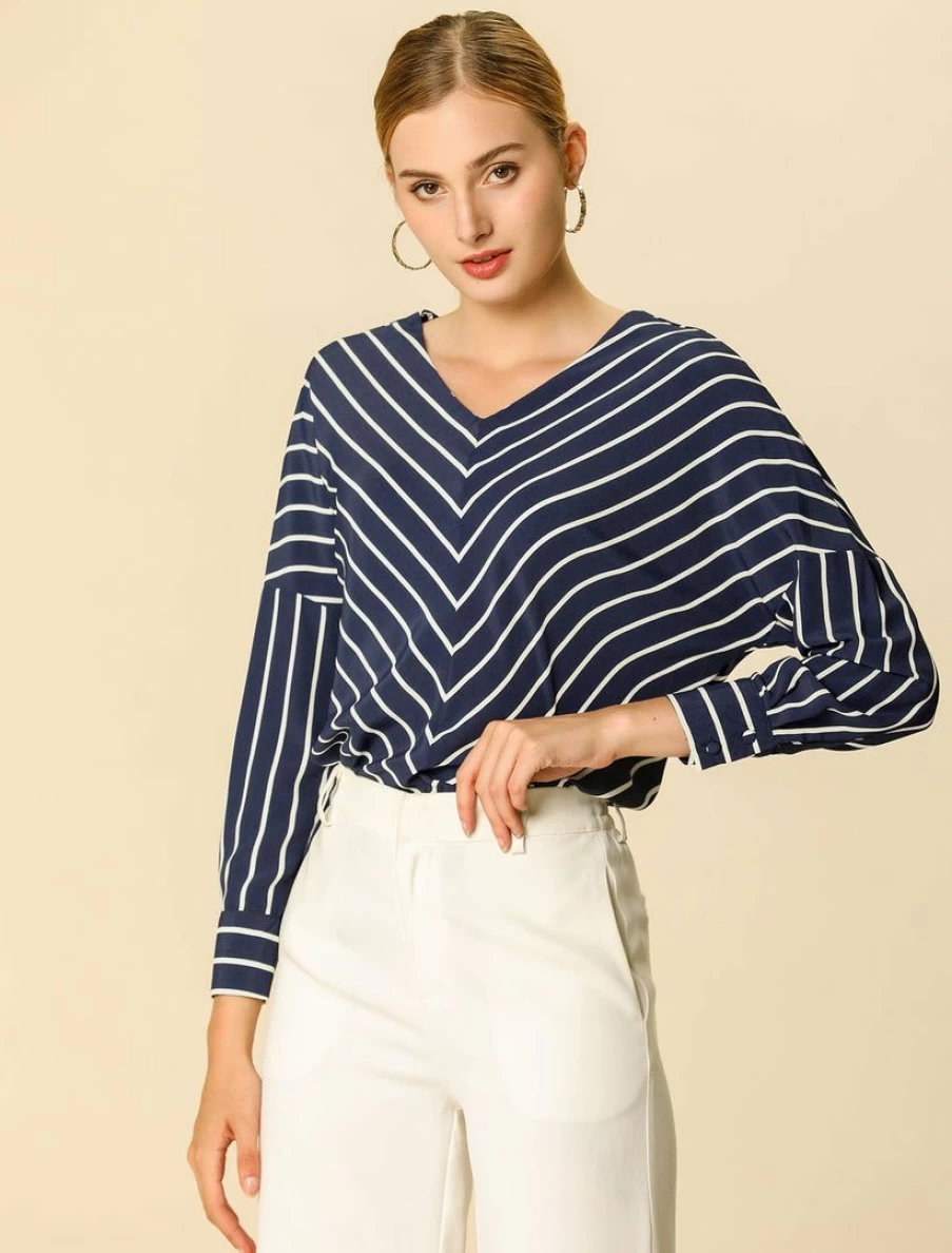 Navy Blue Striped Chiffon Blouse for Women with V Neck and 3/4 Sleeve Casual Style