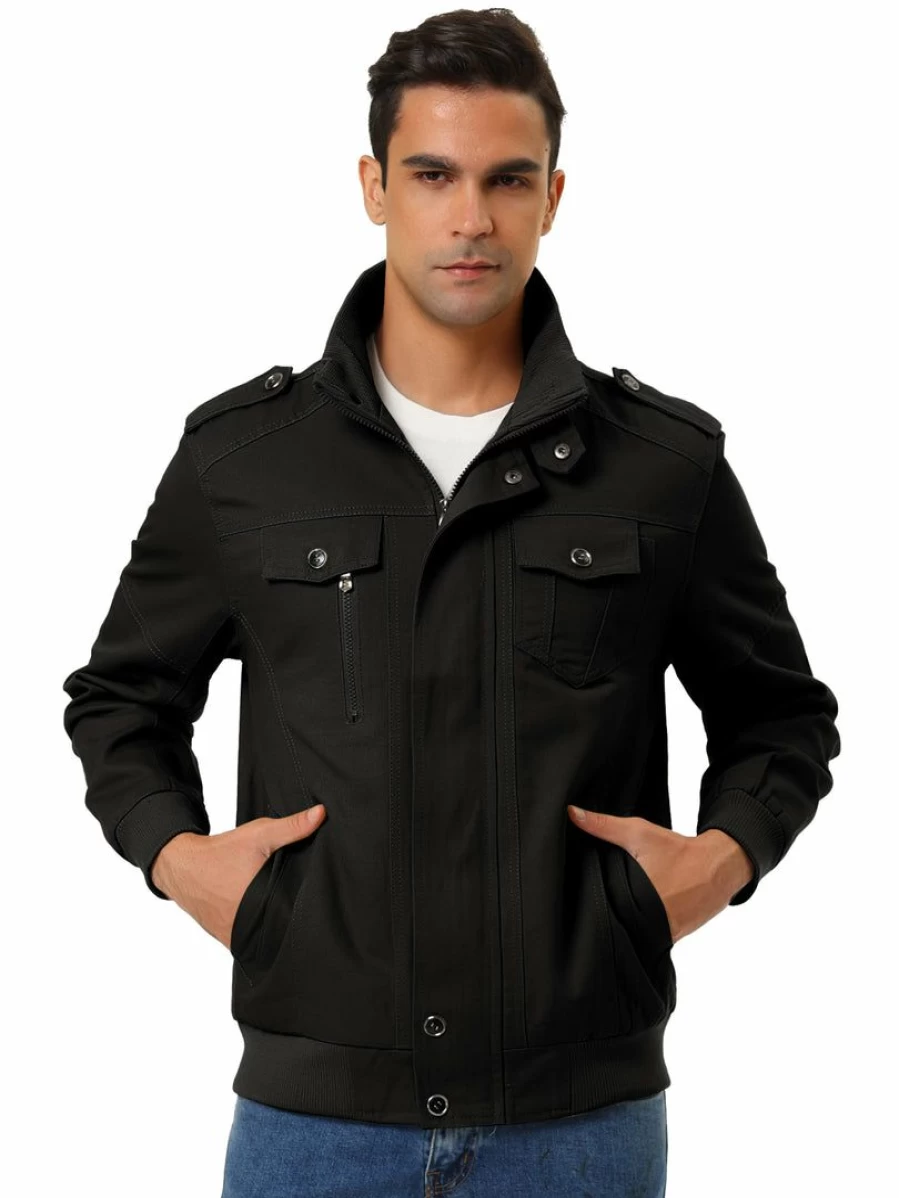 Men's Stand Collar Windbreaker Jacket with Multi-Pockets & Zip-Up Design for Outdoor Wear