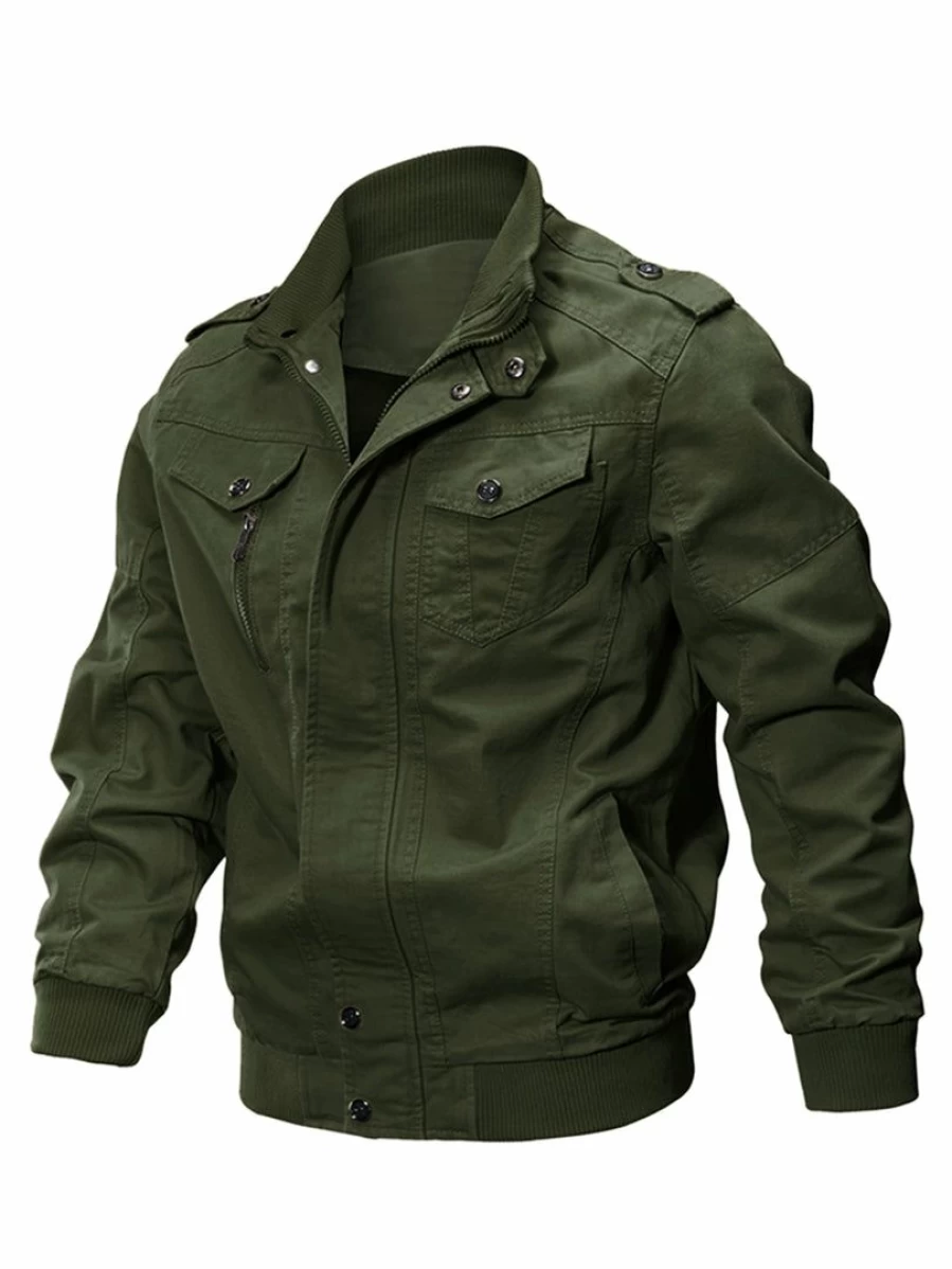 Men's Stand Collar Windbreaker Jacket with Multi-Pockets & Zip-Up Design for Outdoor Wear