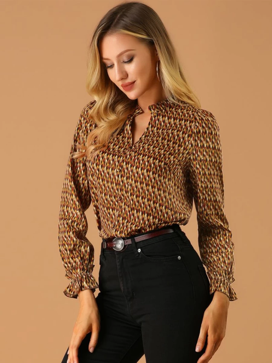 Women's Geometric Print Puff Sleeve Top with Ruffle V-Neck Design