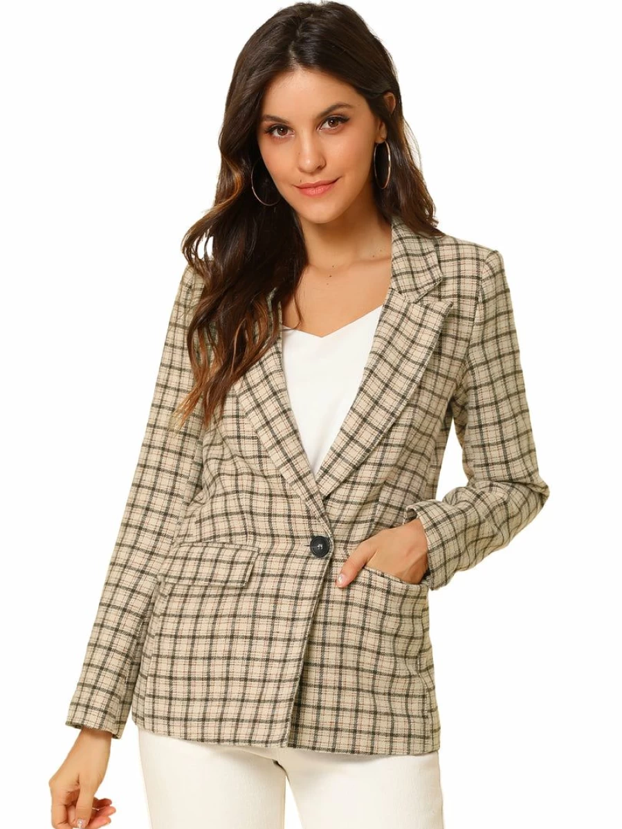"Stylish Notched Lapel Plaid Boyfriend Blazer Jacket for Women - Trendy Oversized Fit Coat"