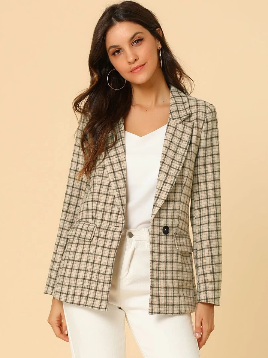 "Stylish Notched Lapel Plaid Boyfriend Blazer Jacket for Women - Trendy Oversized Fit Coat"