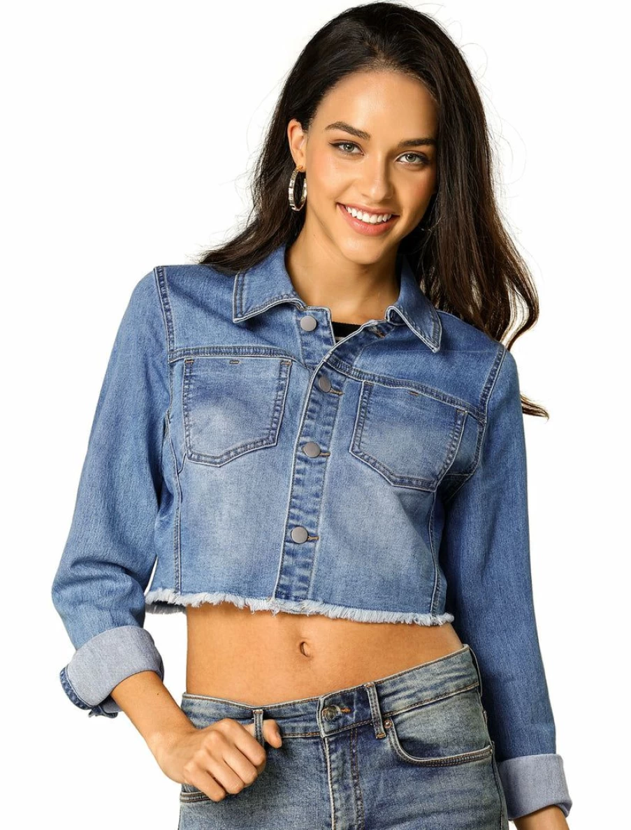 Cropped Denim Jacket for Women with Frayed Hem Mid Wash Style