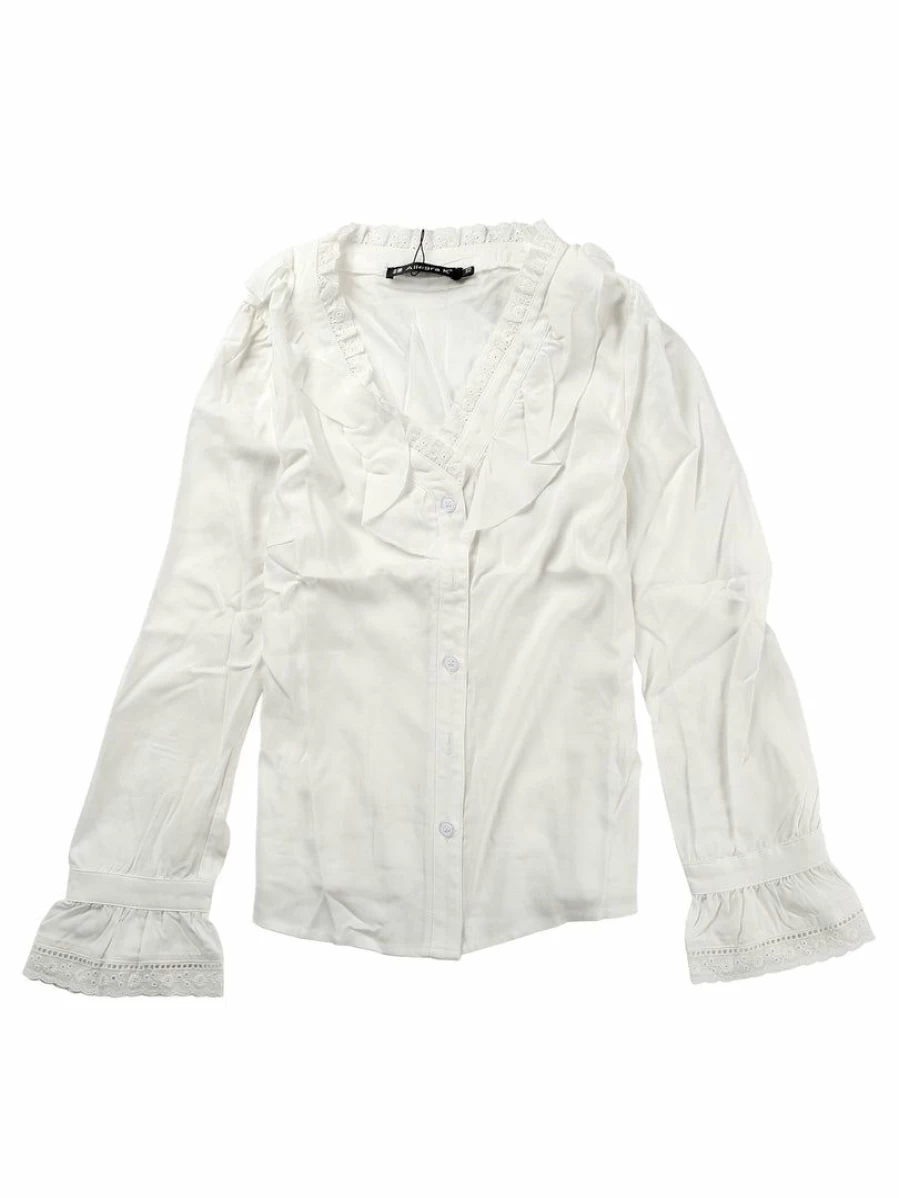 Women's White Ruffled Front Long Sleeve Lace Trim V-Neck Button Down Blouse Shirt